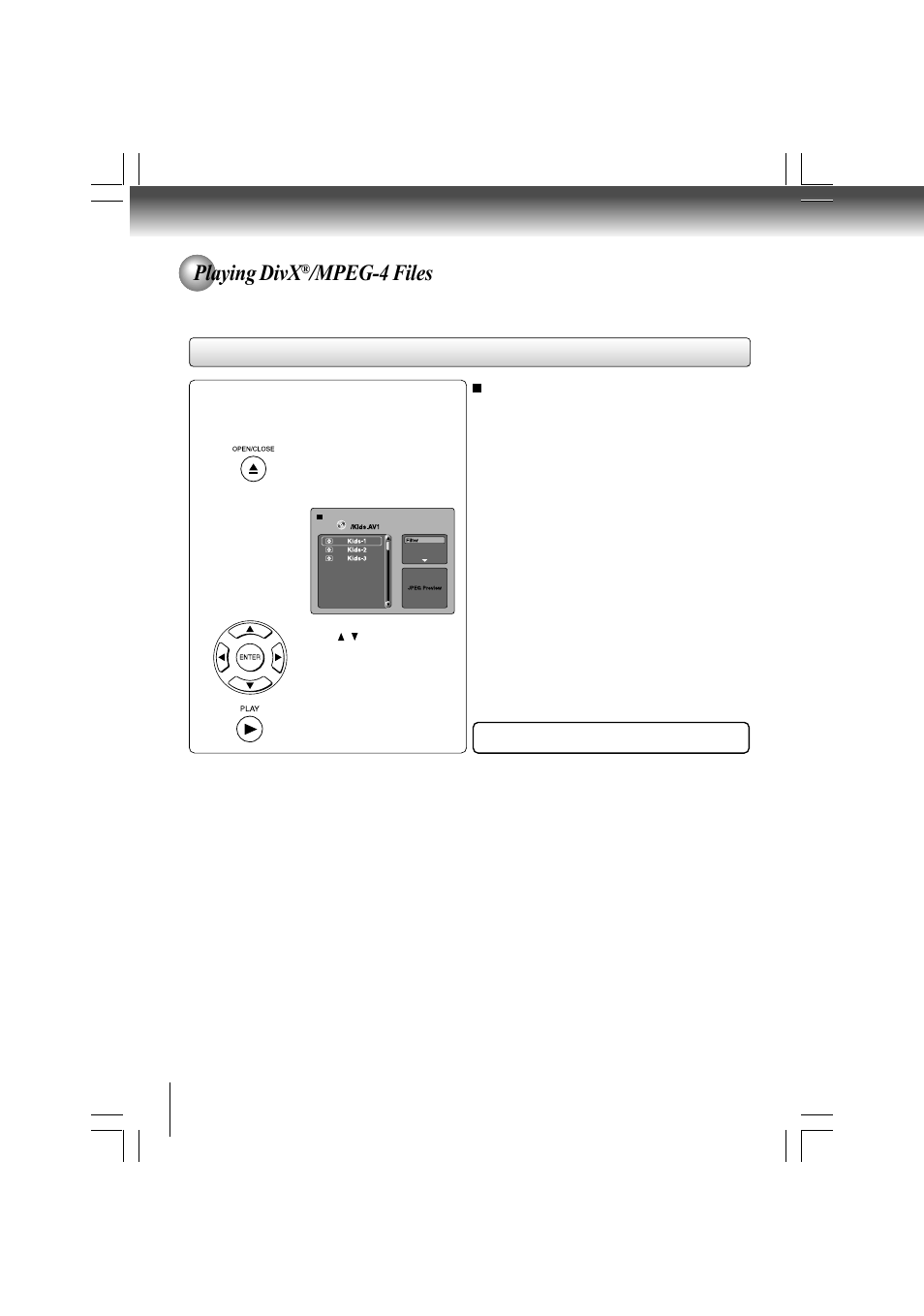 Playing divx, Mpeg-4 files, Jpeg files compatibility | Toshiba SD-480EKE User Manual | Page 30 / 40