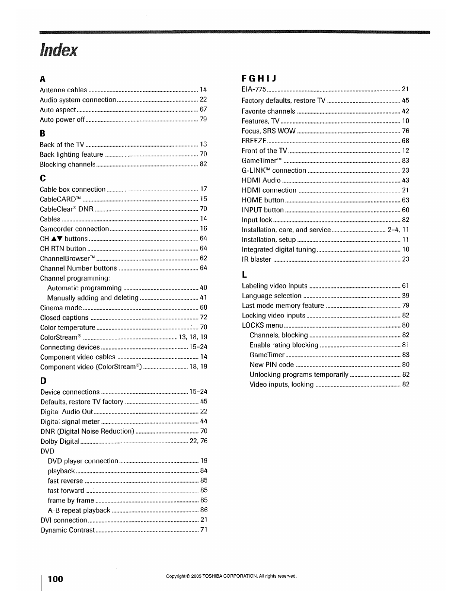 Index | Toshiba 32HLX95 User Manual | Page 100 / 106