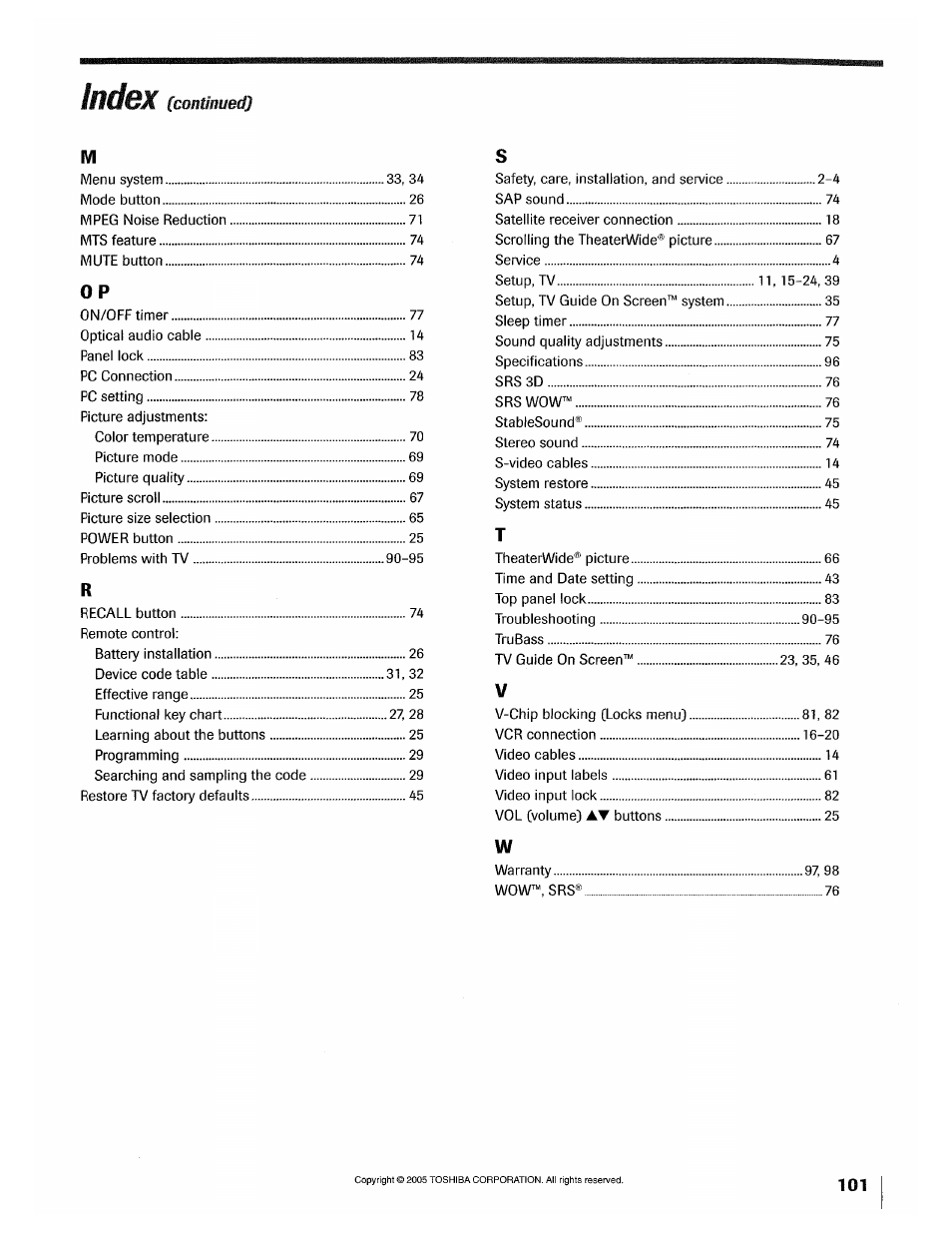 Index | Toshiba 32HLX95 User Manual | Page 101 / 106