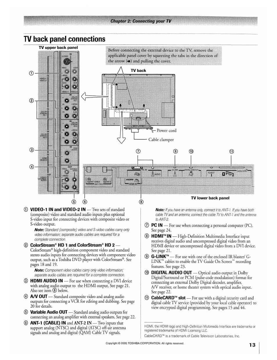 Tv back panel connections, Tv lower back panel | Toshiba 32HLX95 User Manual | Page 13 / 106