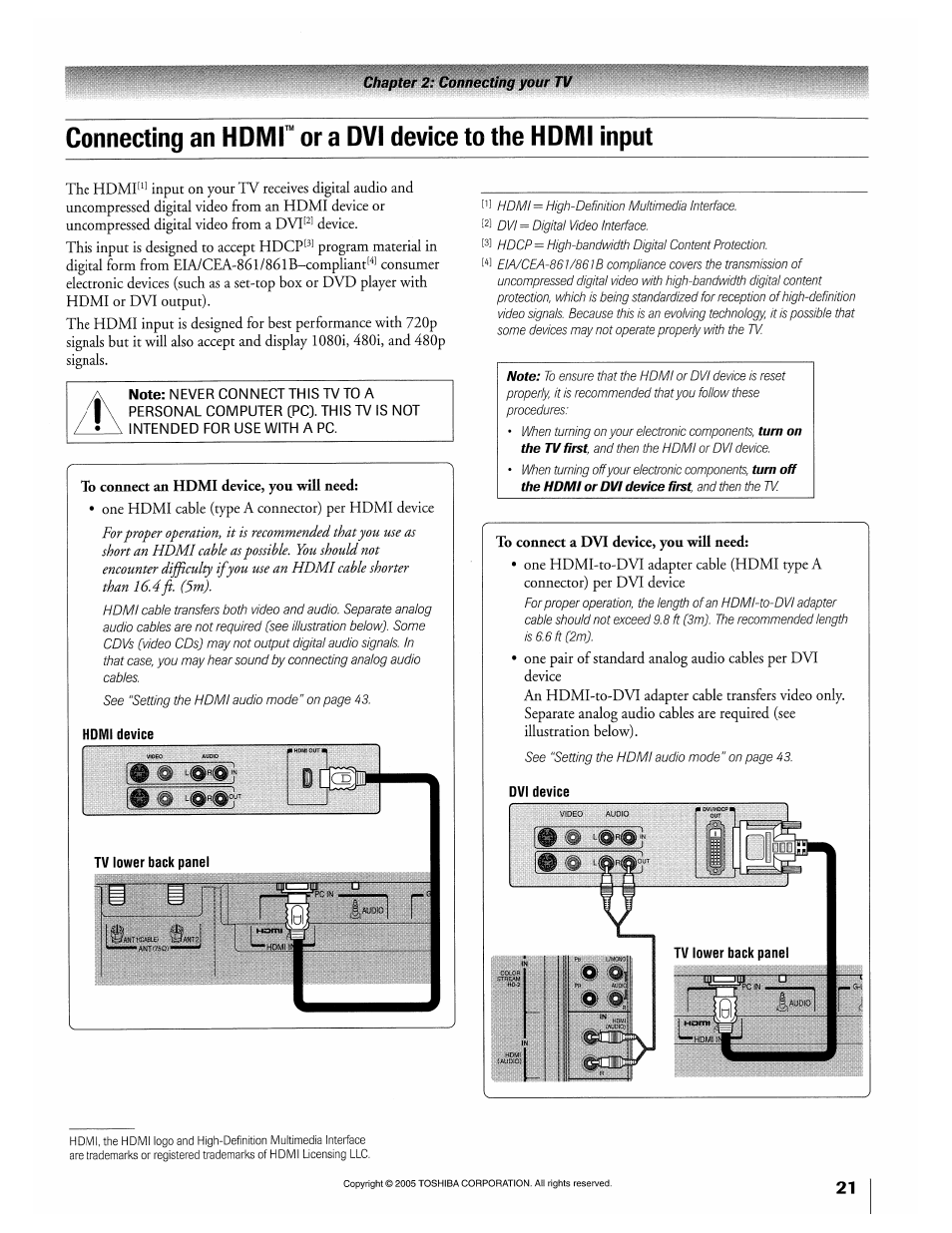 To connect an hdmi device, you will need, To connect a dvi device, you will need | Toshiba 32HLX95 User Manual | Page 21 / 106