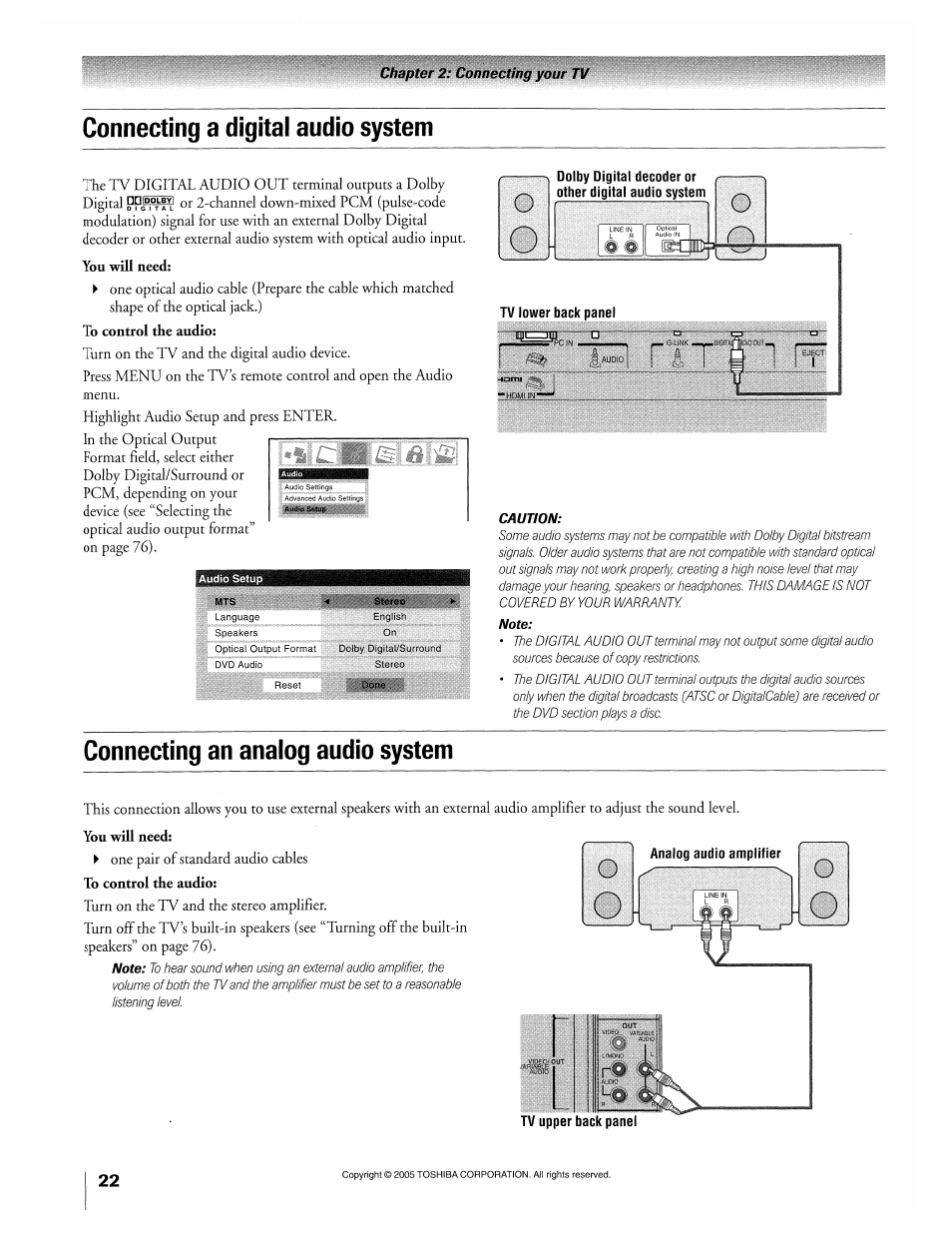 Connecting a digital audio system, You will need, Connecting an analog audio system | Toshiba 32HLX95 User Manual | Page 22 / 106