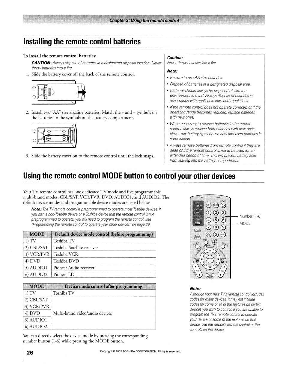 To iiistall the remote control batteries, Installing the remote control batteries | Toshiba 32HLX95 User Manual | Page 26 / 106