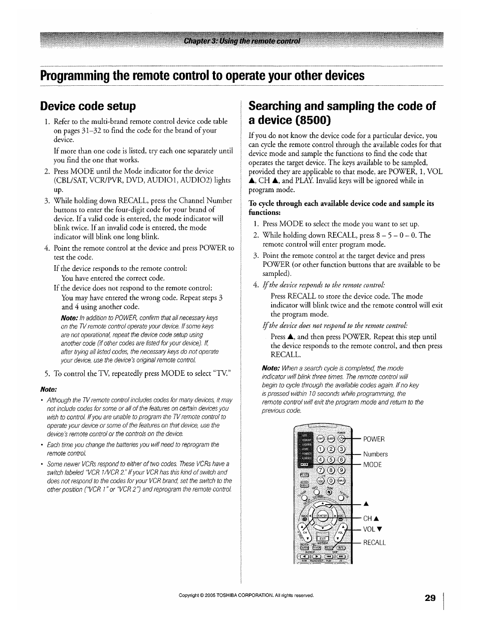 Device code setup, Searching and sampling the code of a device (8500) | Toshiba 32HLX95 User Manual | Page 29 / 106