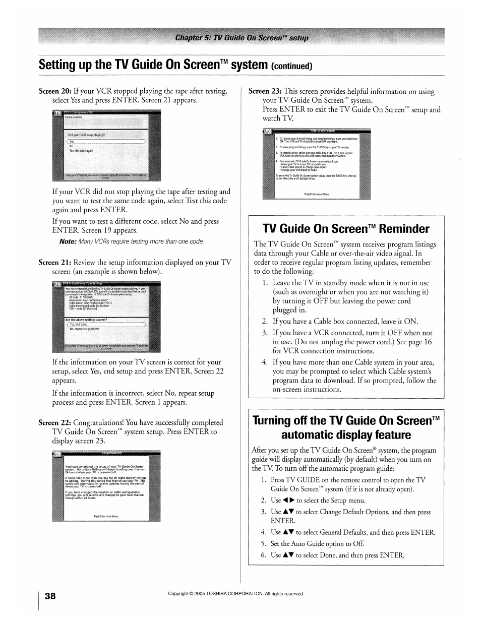 Setting up the tv guide on screen™ system, Tv guide on screen™ reminder | Toshiba 32HLX95 User Manual | Page 38 / 106