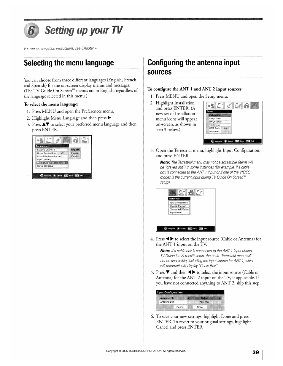 6j sewng up your tv, Selecting the menu language, Configuring the antenna input sources | Toshiba 32HLX95 User Manual | Page 39 / 106