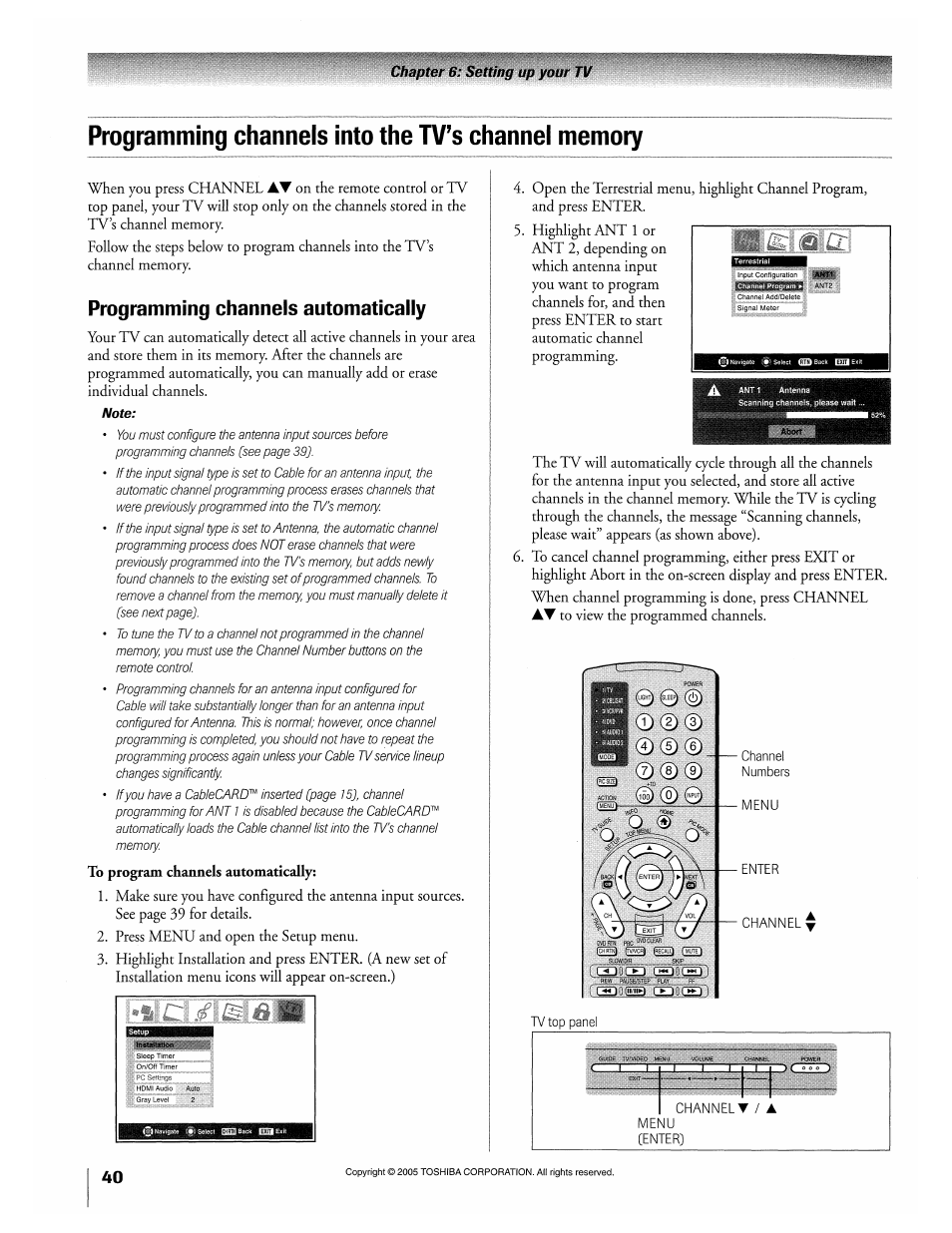 Programming channels into the tv’s channel memory, Programming channels automatically | Toshiba 32HLX95 User Manual | Page 40 / 106