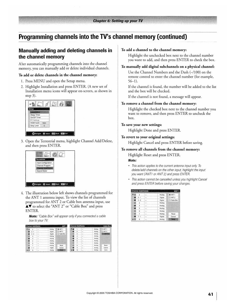 To add a channel to the channel memory | Toshiba 32HLX95 User Manual | Page 41 / 106