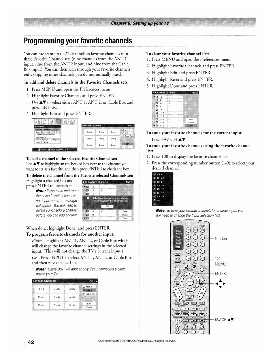 Programming your favorite channels, To clear your favorite channel lists, Chapter 6: setting up your tv | Toshiba 32HLX95 User Manual | Page 42 / 106