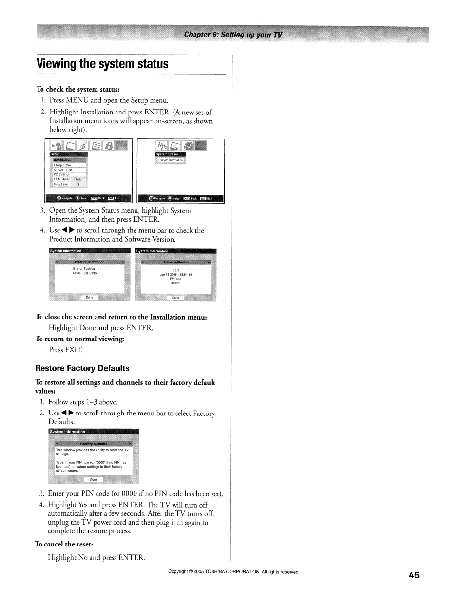 Viewing the system status, To check the system status, Restore factory defaults | To cancel the reset | Toshiba 32HLX95 User Manual | Page 45 / 106