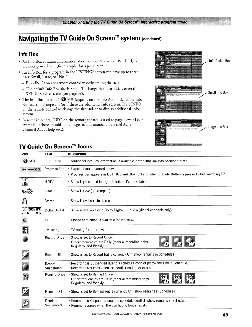Info box, Tv guide on screen™ icons, Info box tv guide on screen™ icons | Navigating the tv guide on screen™ system | Toshiba 32HLX95 User Manual | Page 49 / 106