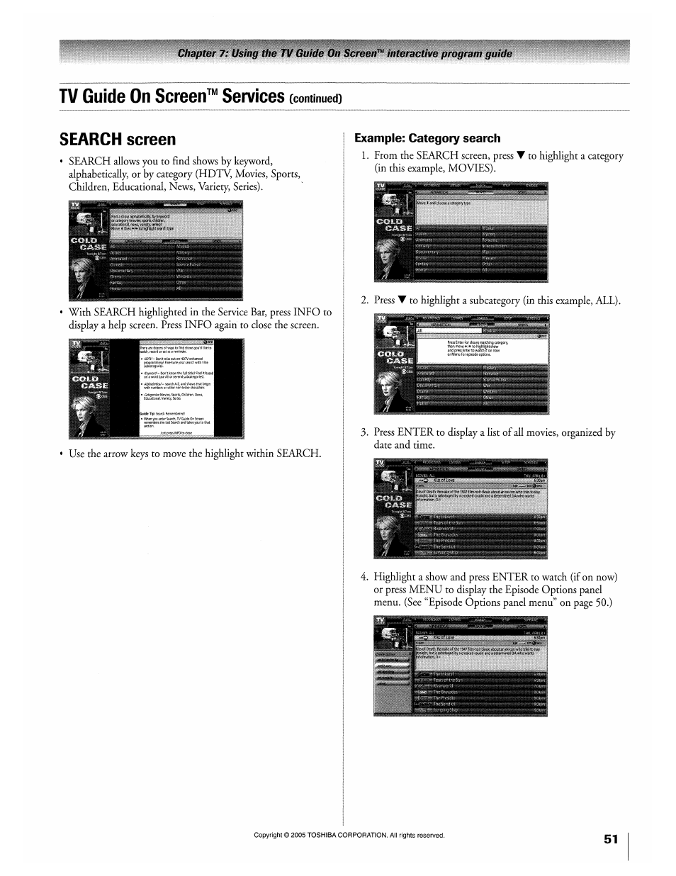 Search screen, Example: category search, Tv guide on screen™ services | Toshiba 32HLX95 User Manual | Page 51 / 106