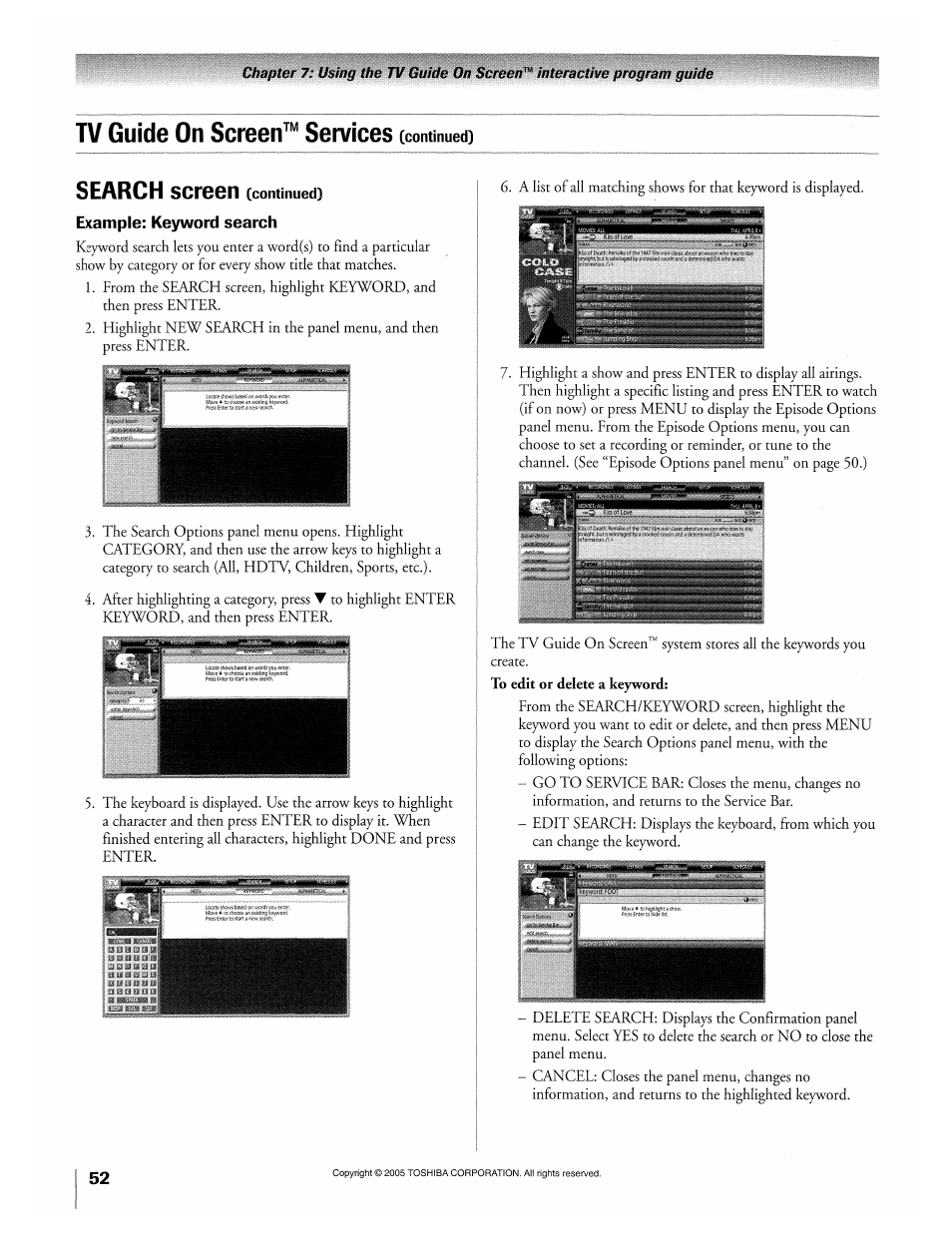 Search scr66n (continued), Example; keyword search, Search | Tv guide on screen™ services | Toshiba 32HLX95 User Manual | Page 52 / 106