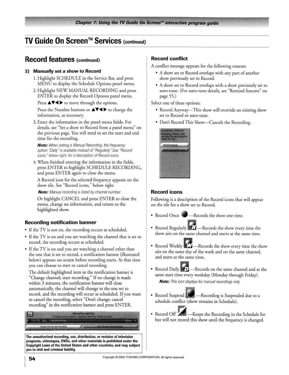 Record features (continued), Record features, Tv guide on screen™ services | Toshiba 32HLX95 User Manual | Page 54 / 106