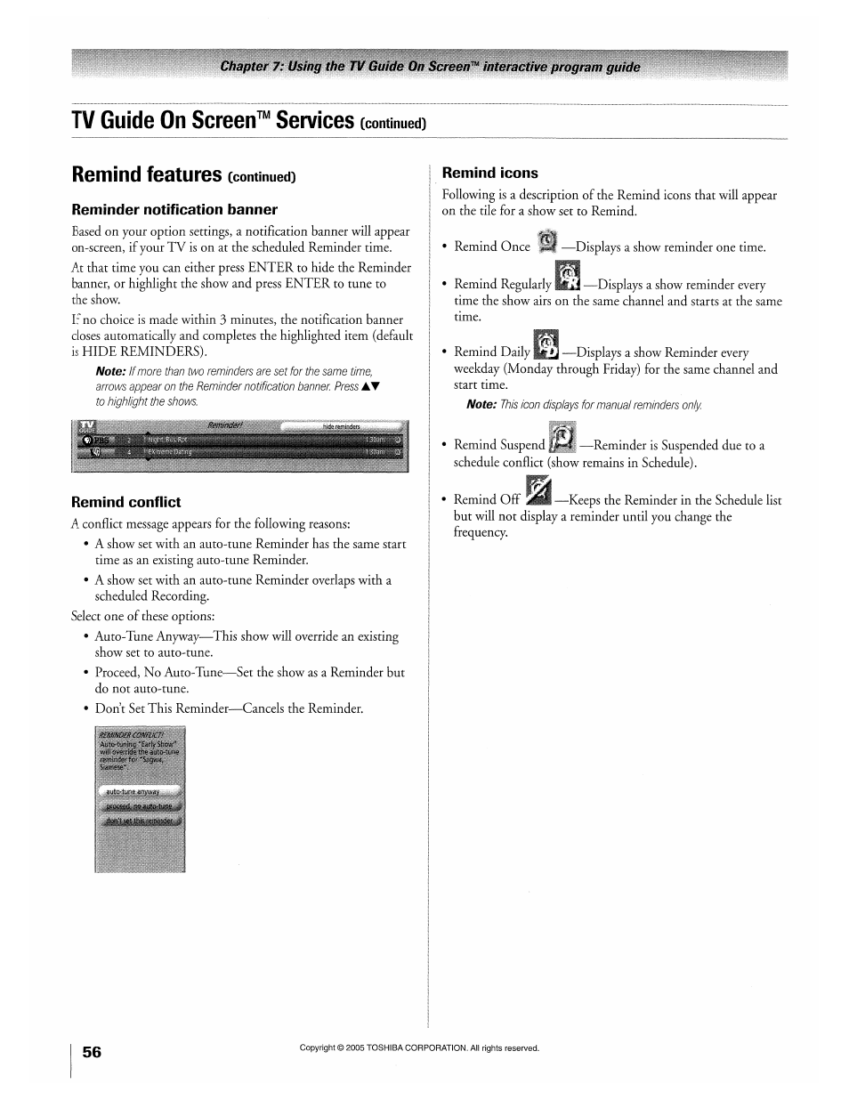 Remind features (continued), Reminder notification banner, Remind conflict | Remind icons, Remind features, Tv guide on screen™ services | Toshiba 32HLX95 User Manual | Page 56 / 106