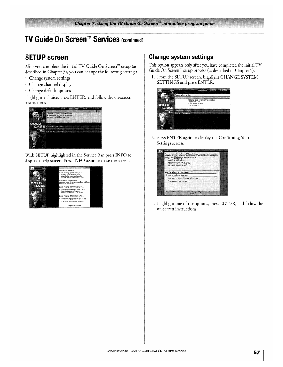 Setup screen, Change system settings, Tv guide on screen™ services | Continued) | Toshiba 32HLX95 User Manual | Page 57 / 106