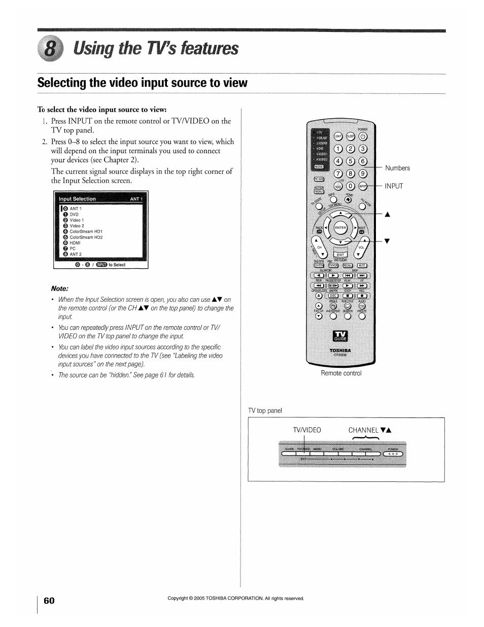 Using the tvs features, Selecting the video input source to view, To select the video input source to view | Chapter 8; using the tv’s features | Toshiba 32HLX95 User Manual | Page 60 / 106