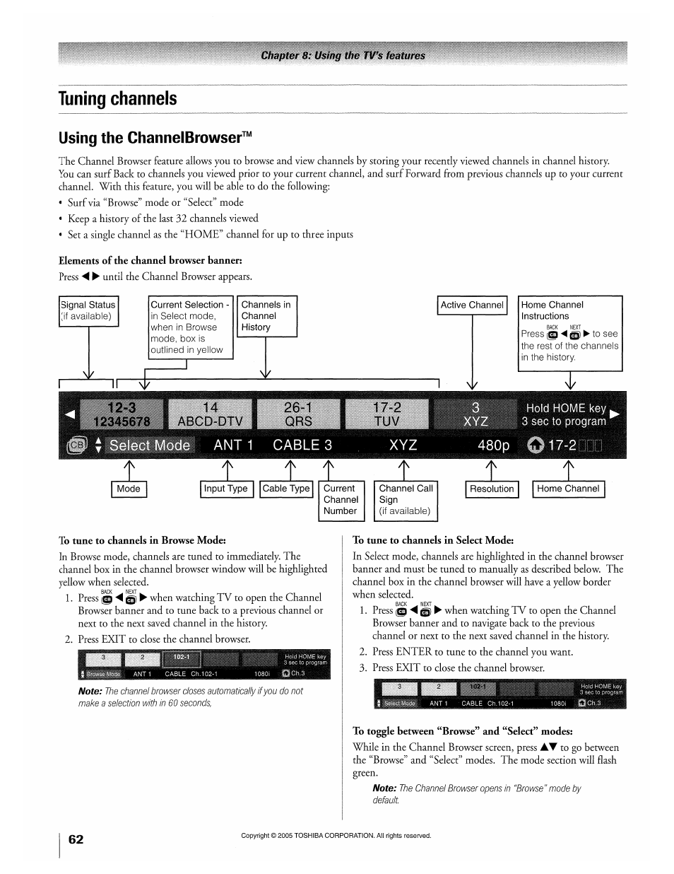 Using the channelbrowser, Elements of the channel browser banner, To tune to channels in browse mode | To tune to channels in select mode, To toggle between “browse” and “select” modes, Tuning channels | Toshiba 32HLX95 User Manual | Page 62 / 106