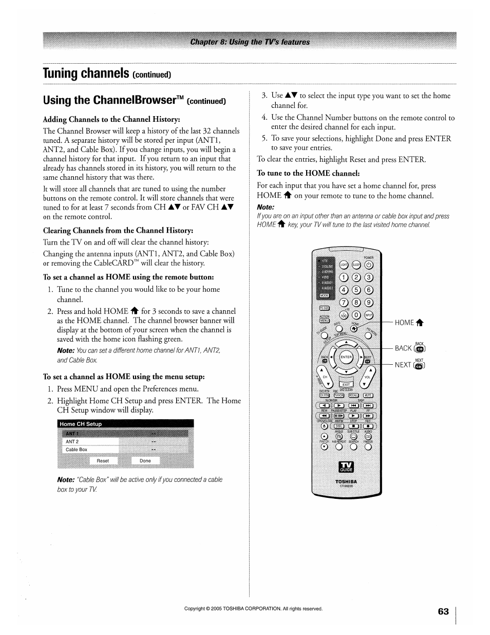 Using the channelbrowser™ (continued), Adding channels to the channel history, To set a channel as home using the menu setup | To tune to the home channel, Using the channelbrowser, Tuning channels, C°ib cao'co) | Toshiba 32HLX95 User Manual | Page 63 / 106