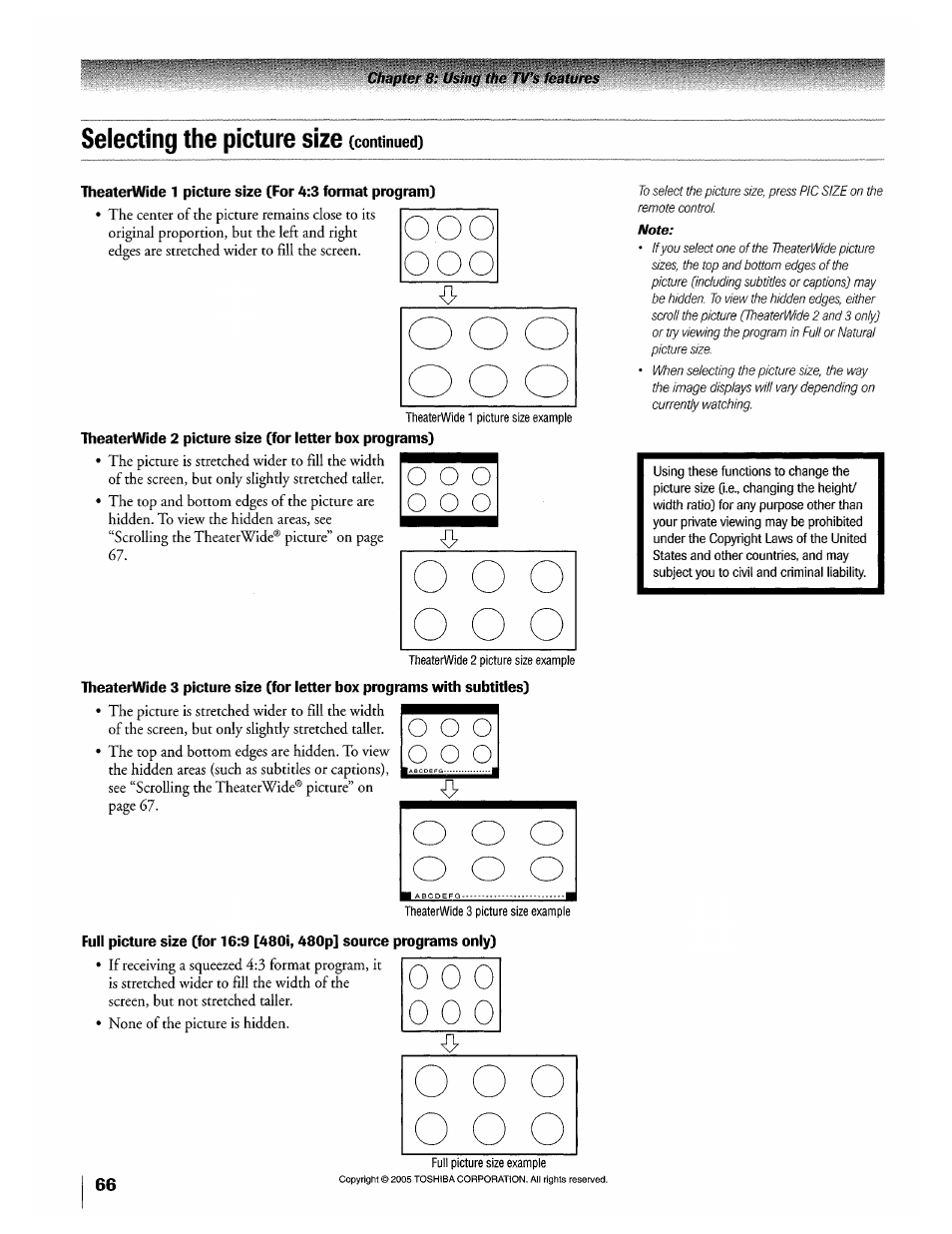 O o o, Selecting the picture size | Toshiba 32HLX95 User Manual | Page 66 / 106