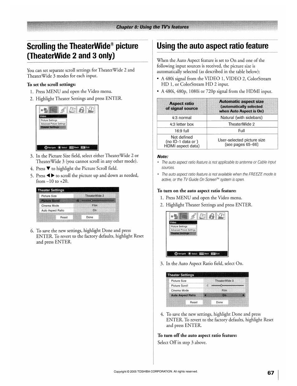 Using the auto aspect ratio feature, To turn on the auto aspect ratio feature | Toshiba 32HLX95 User Manual | Page 67 / 106