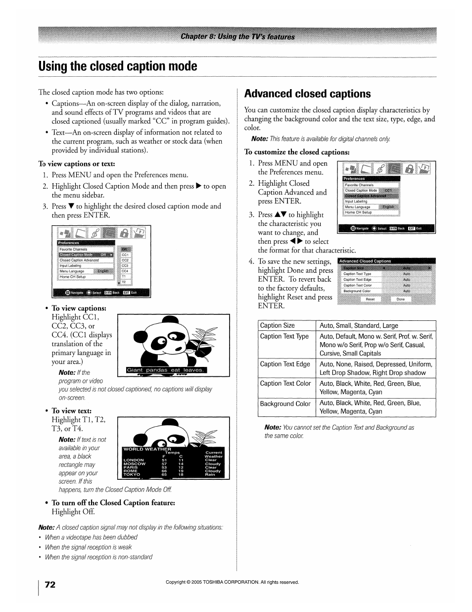 Using the closed caption mode, To view captions, To view text | Advanced closed captions | Toshiba 32HLX95 User Manual | Page 72 / 106