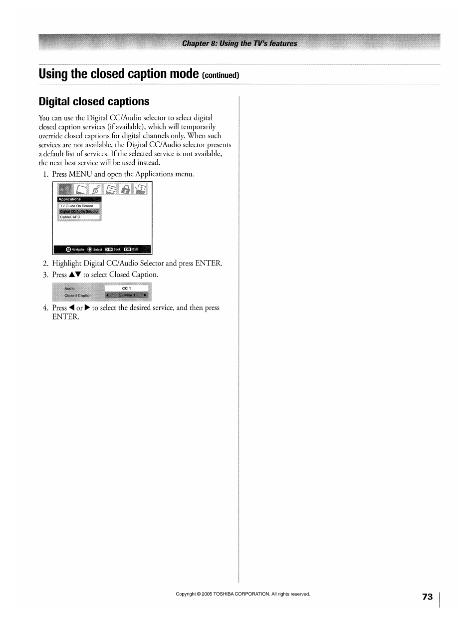 Using the closed caption mode (continued), Digital closed captions, Using the closed caption mode | Toshiba 32HLX95 User Manual | Page 73 / 106