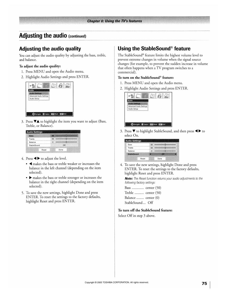 Adjusting the audio quality, Using the stablesound® feature, To turn off the stablesound feature | Adjusting the audio | Toshiba 32HLX95 User Manual | Page 75 / 106