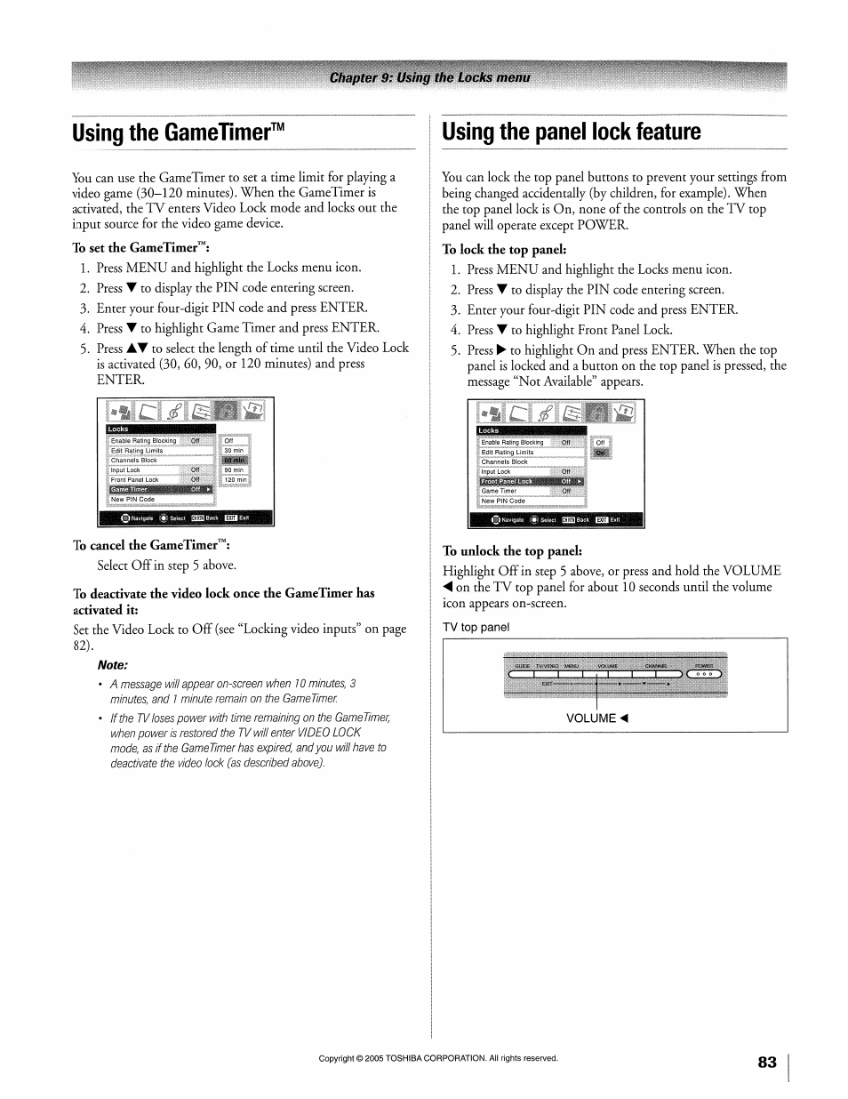 Using the gametimer, To set the gametimer, To cancel the gametimer | Using the panel lock feature, To unlock the top panel, Using the top panel lock featute | Toshiba 32HLX95 User Manual | Page 83 / 106