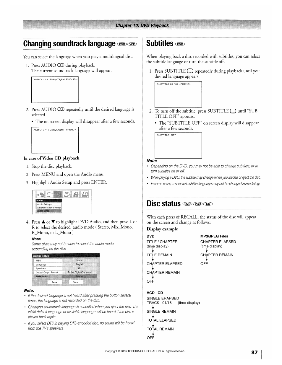 Changing soundtrack language, In case of video cd playback, Subtitles | Disc status cp^cvcn>ccd, Mp3/jpeg files, Vcd cd | Toshiba 32HLX95 User Manual | Page 87 / 106