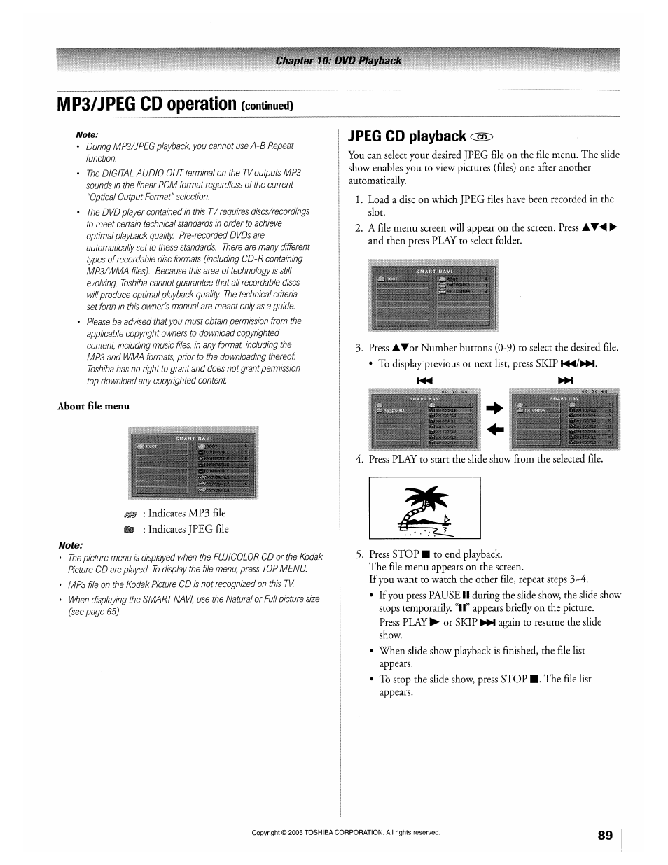 Mp3/jpeg cd operation (continued), About file menu, Jpeg cd playback | Mp3/jpeg cd operation | Toshiba 32HLX95 User Manual | Page 89 / 106