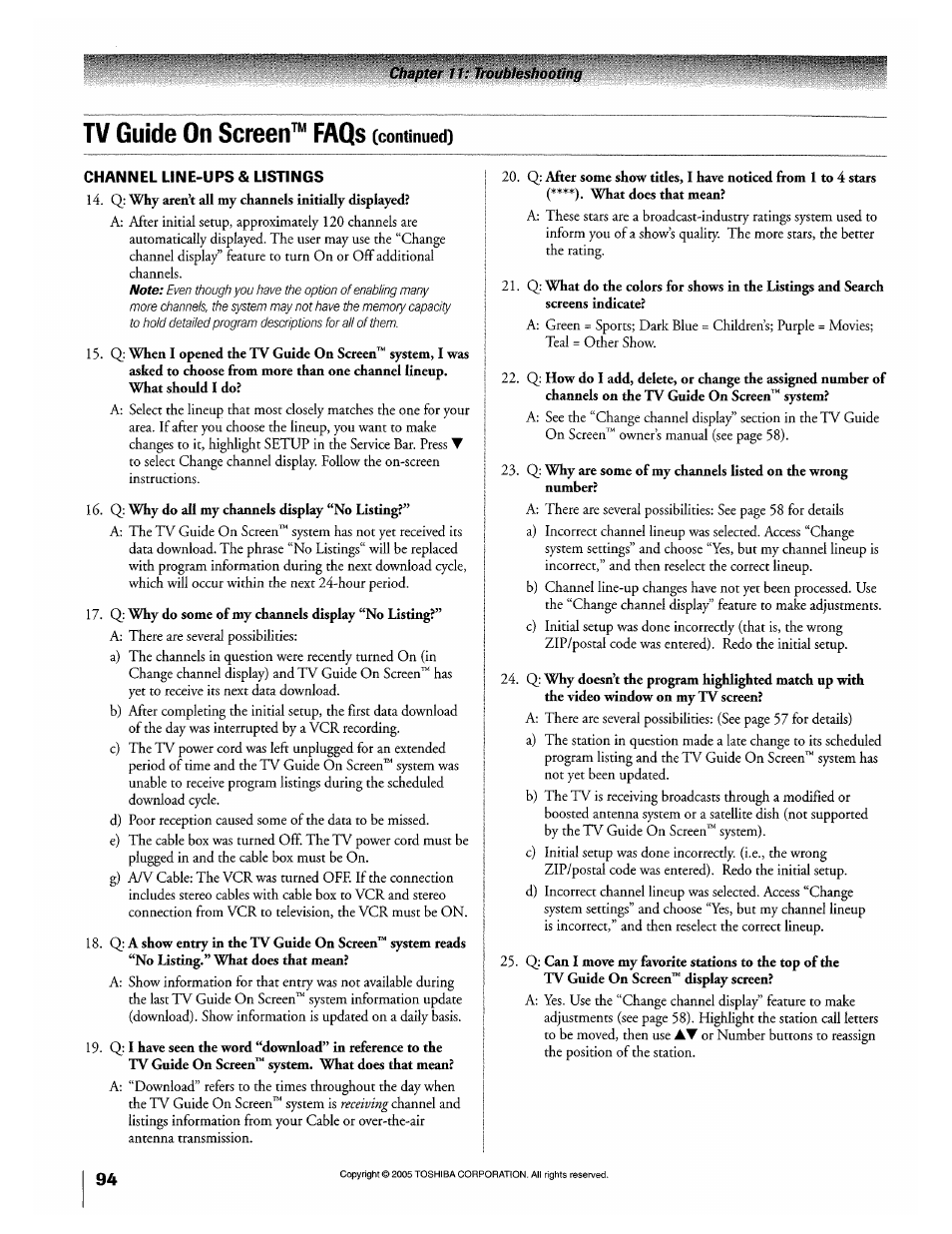 Q: why aren’t all my channels initially displayed, Q; why do all my channels display “no listing, Q: why do some of my channels display “no listing | Q: why are some of my channels listed on the wrong, Tv guide on screen™ faqs | Toshiba 32HLX95 User Manual | Page 94 / 106