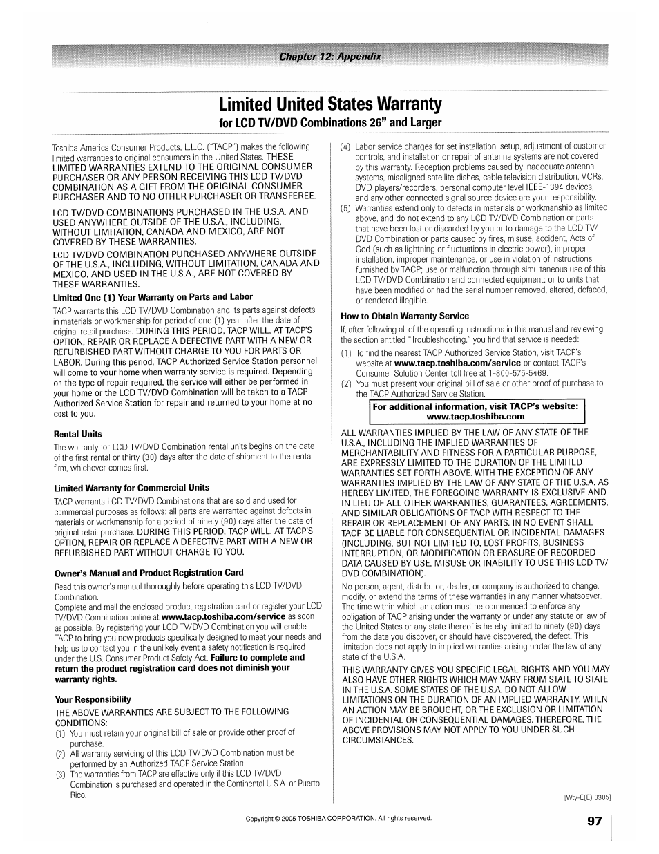 Limited united states warranty | Toshiba 32HLX95 User Manual | Page 97 / 106