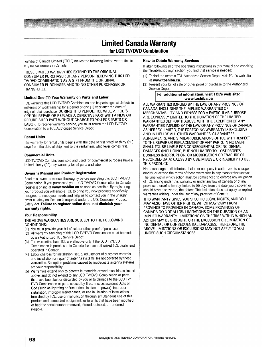 Limited canada warranty | Toshiba 32HLX95 User Manual | Page 98 / 106