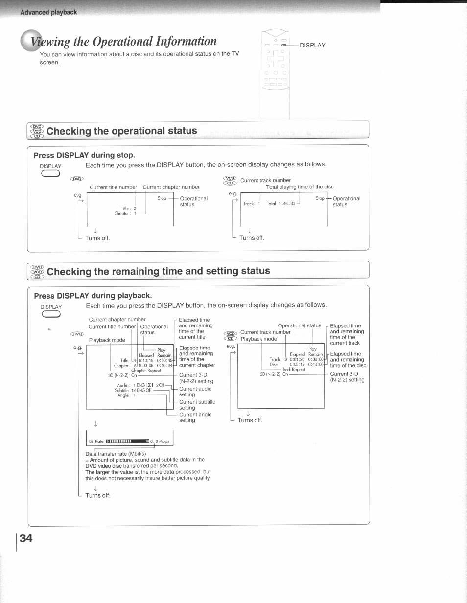 Advanced playback, Jewing the operational information, Checking the operational status | Press display during stop, Checking the remaining time and setting status, Press display during playback, Status, I- turns off, Turns, Turns off. cco | Toshiba SD-3109 User Manual | Page 34 / 48