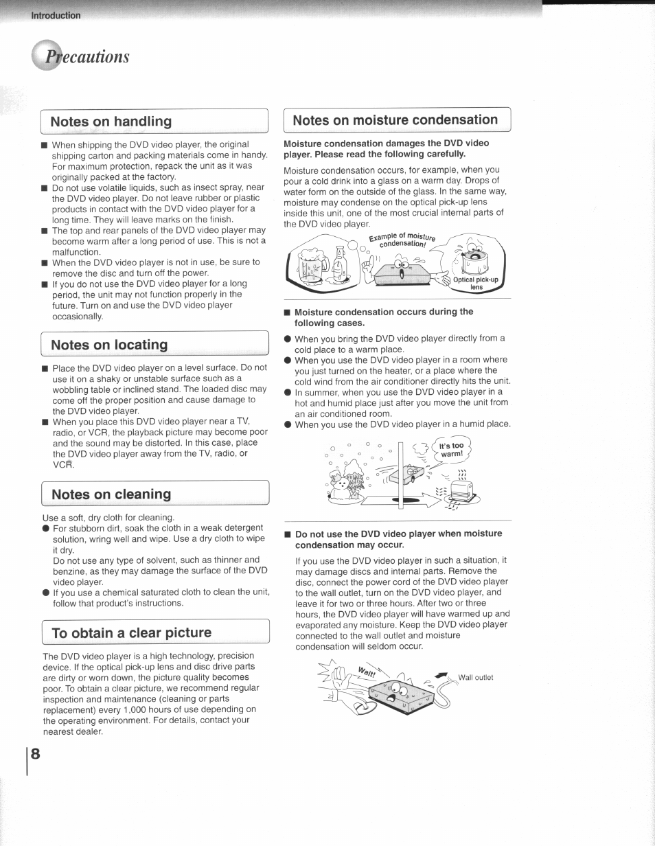 Precautions, Notes on handling, Notes on moisture condensation | Toshiba SD-3109 User Manual | Page 8 / 48