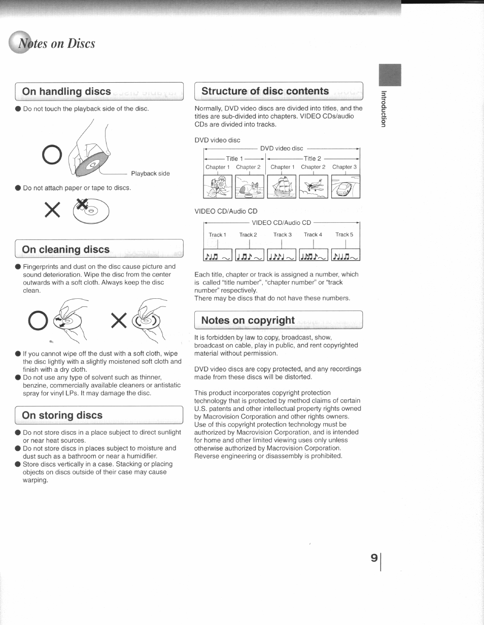 On discs, On handling discs, On cleaning discs | Structure of disc contents, Imi mi, On storing discs | Toshiba SD-3109 User Manual | Page 9 / 48