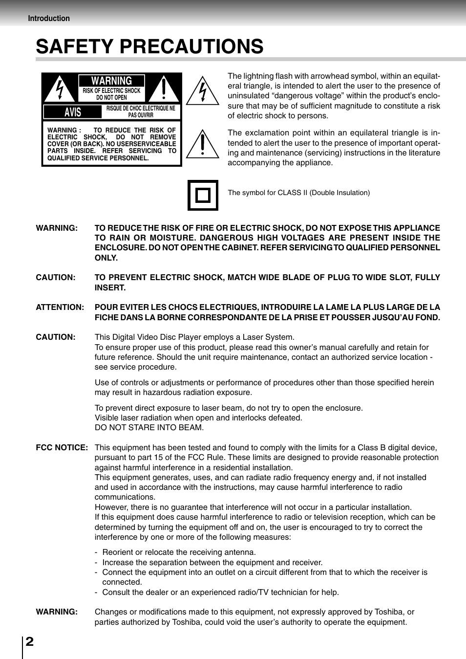 Introduction, Safety precautions, Avis | Warning | Toshiba SD-400V User Manual | Page 2 / 51