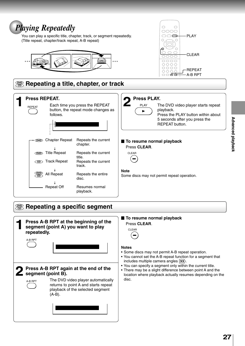Playing repeatedly, Repeating a title, chapter, or track, Repeating a specific segment | Toshiba SD-400V User Manual | Page 27 / 51