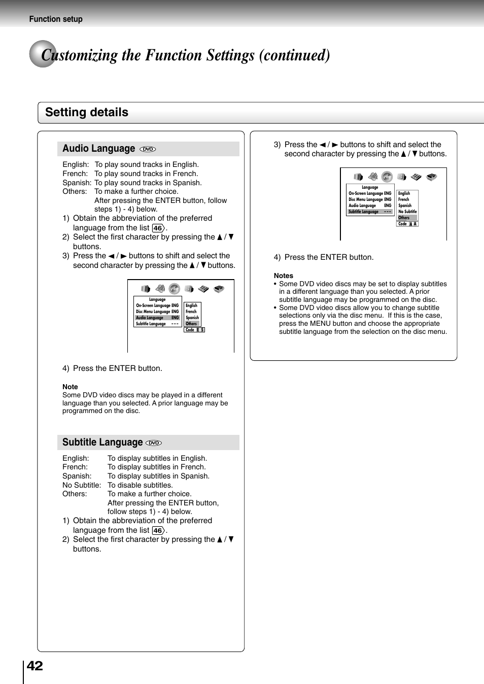 Customizing the function settings (continued), Setting details, Audio language | Subtitle language | Toshiba SD-400V User Manual | Page 42 / 51