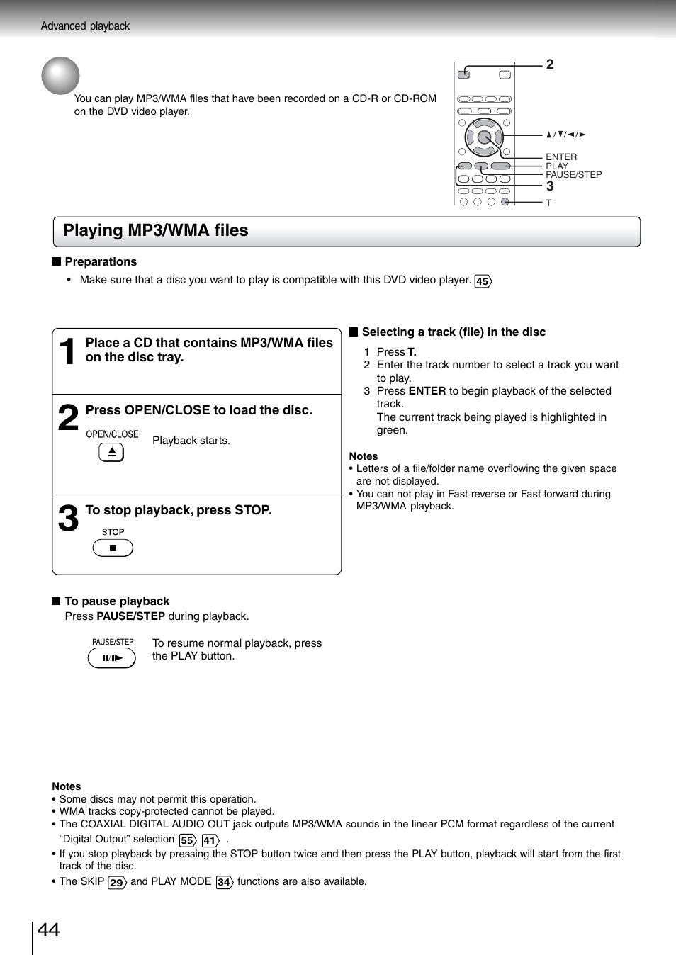 Playing mp3/wma files | Toshiba SD-260SV User Manual | Page 42 / 61