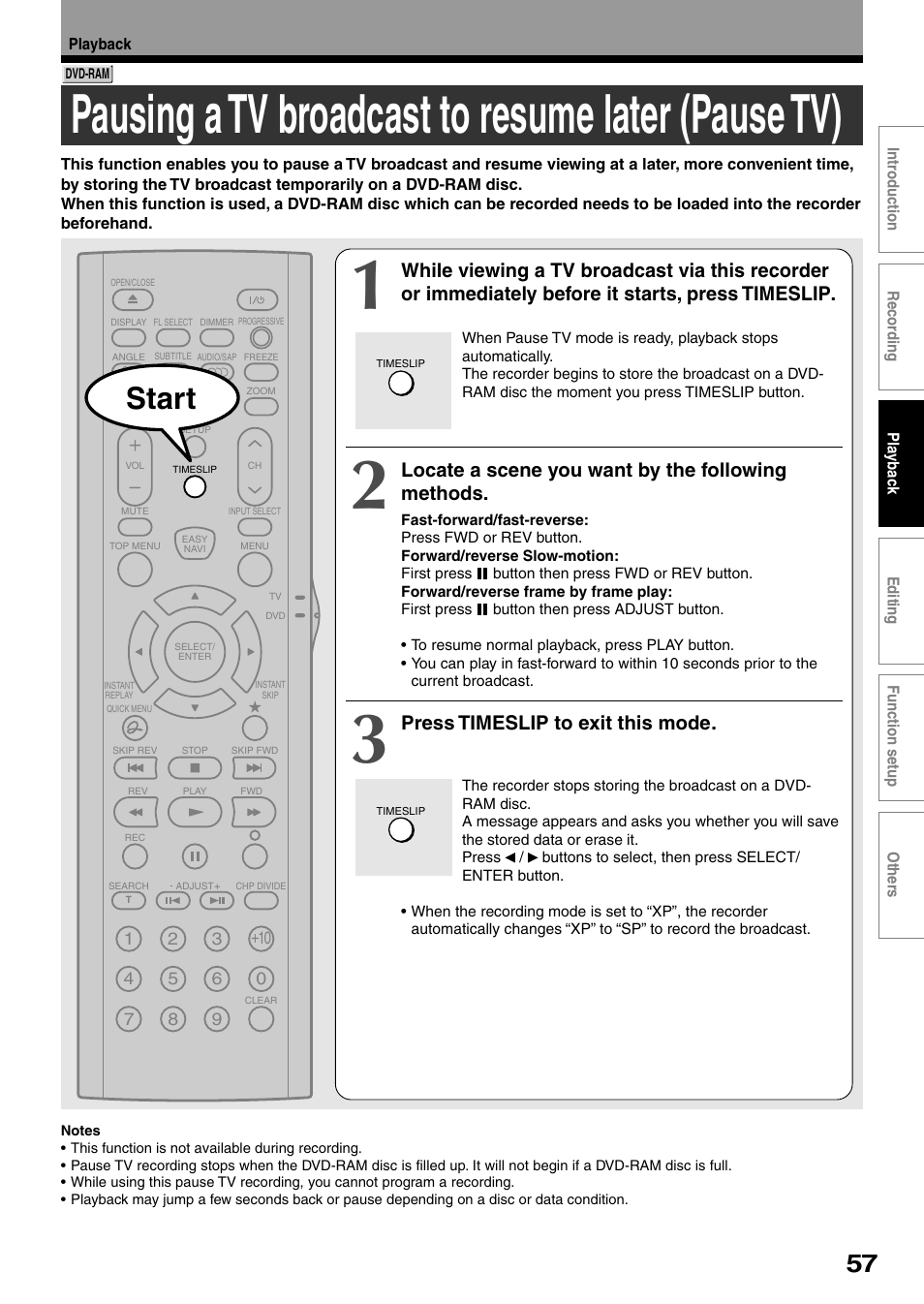 Pausing a tv broadcast to resume later (pause tv), Start, Locate a scene you want by the following methods | Press timeslip to exit this mode | Toshiba DVd Video Recorder D-R4SU User Manual | Page 57 / 131