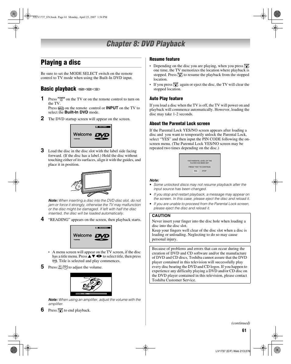 Chapter 8: dvd playback, Playing a disc, Basic playback 1 | Toshiba 32LV37 User Manual | Page 61 / 78