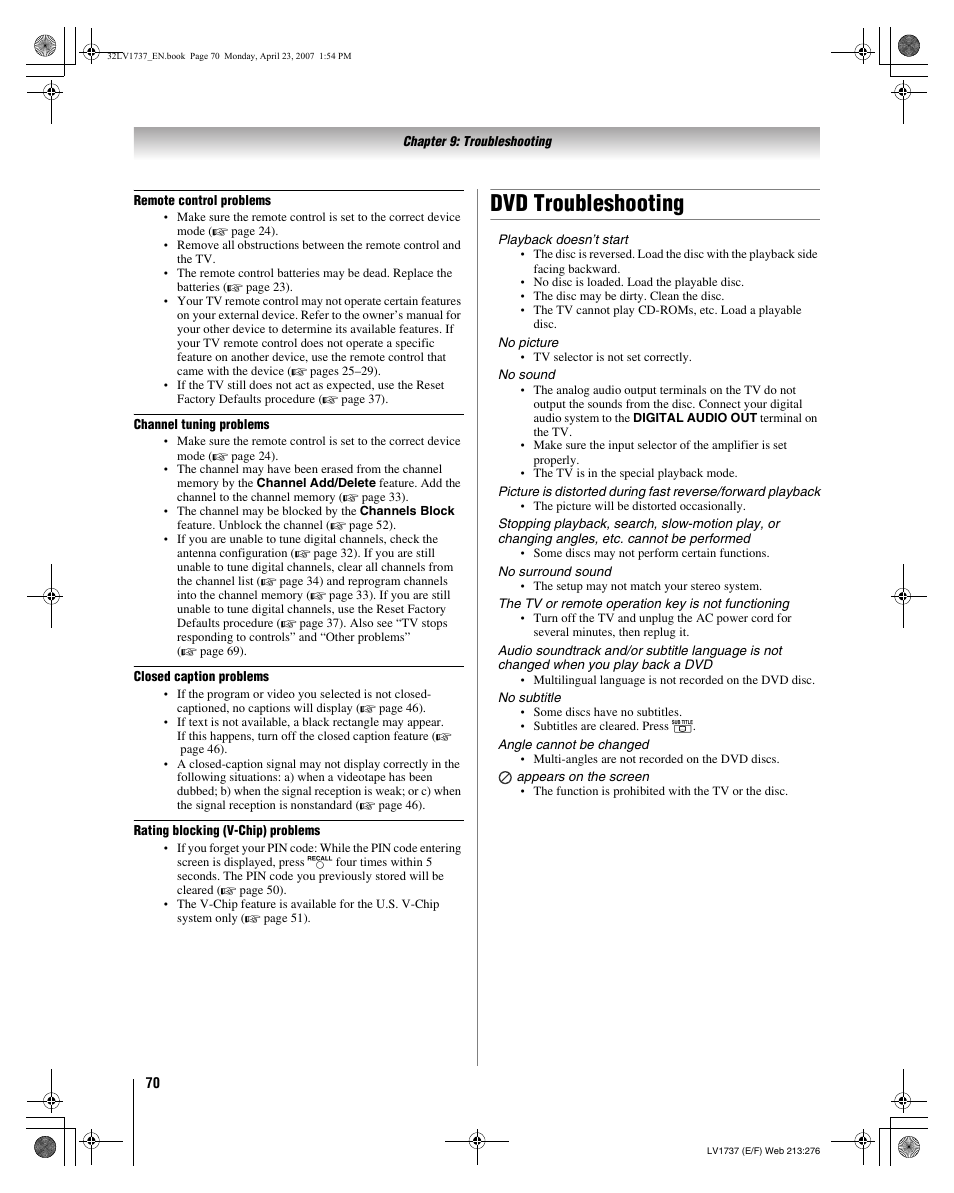 Dvd troubleshooting | Toshiba 32LV37 User Manual | Page 70 / 78