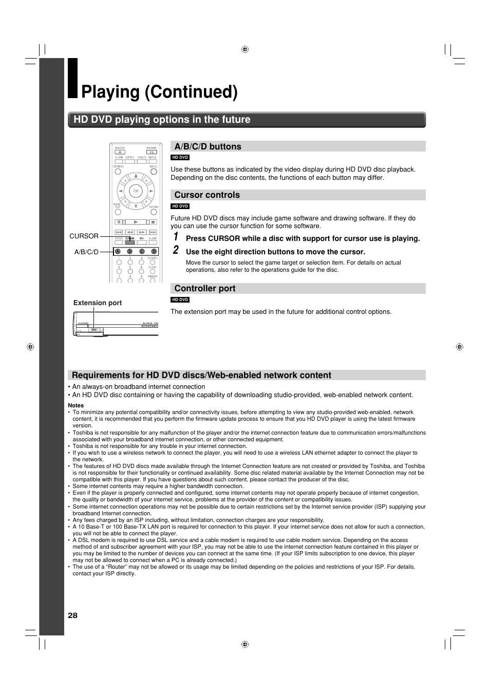 Playing (continued), Hd dvd playing options in the future, A/b/c/d buttons | Cursor controls, Controller port | Toshiba HD-EP30KE User Manual | Page 28 / 40