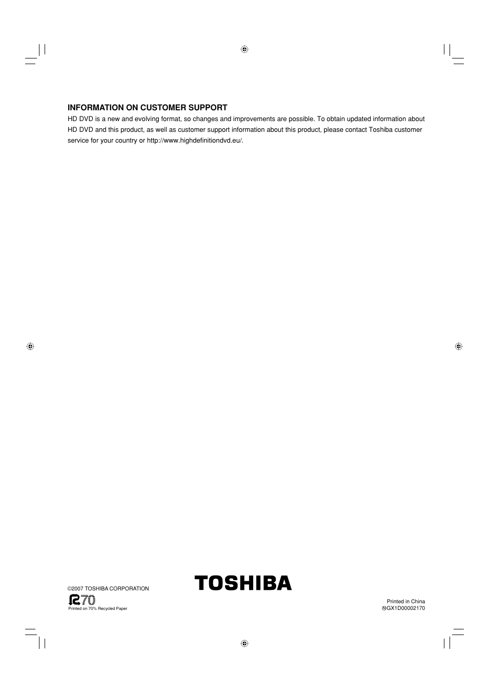 Information on customer support | Toshiba HD-EP30KE User Manual | Page 40 / 40