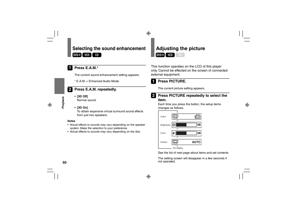 Selecting the sound enhancement, Adjusting the picture | Toshiba SD-P91SKY User Manual | Page 50 / 80