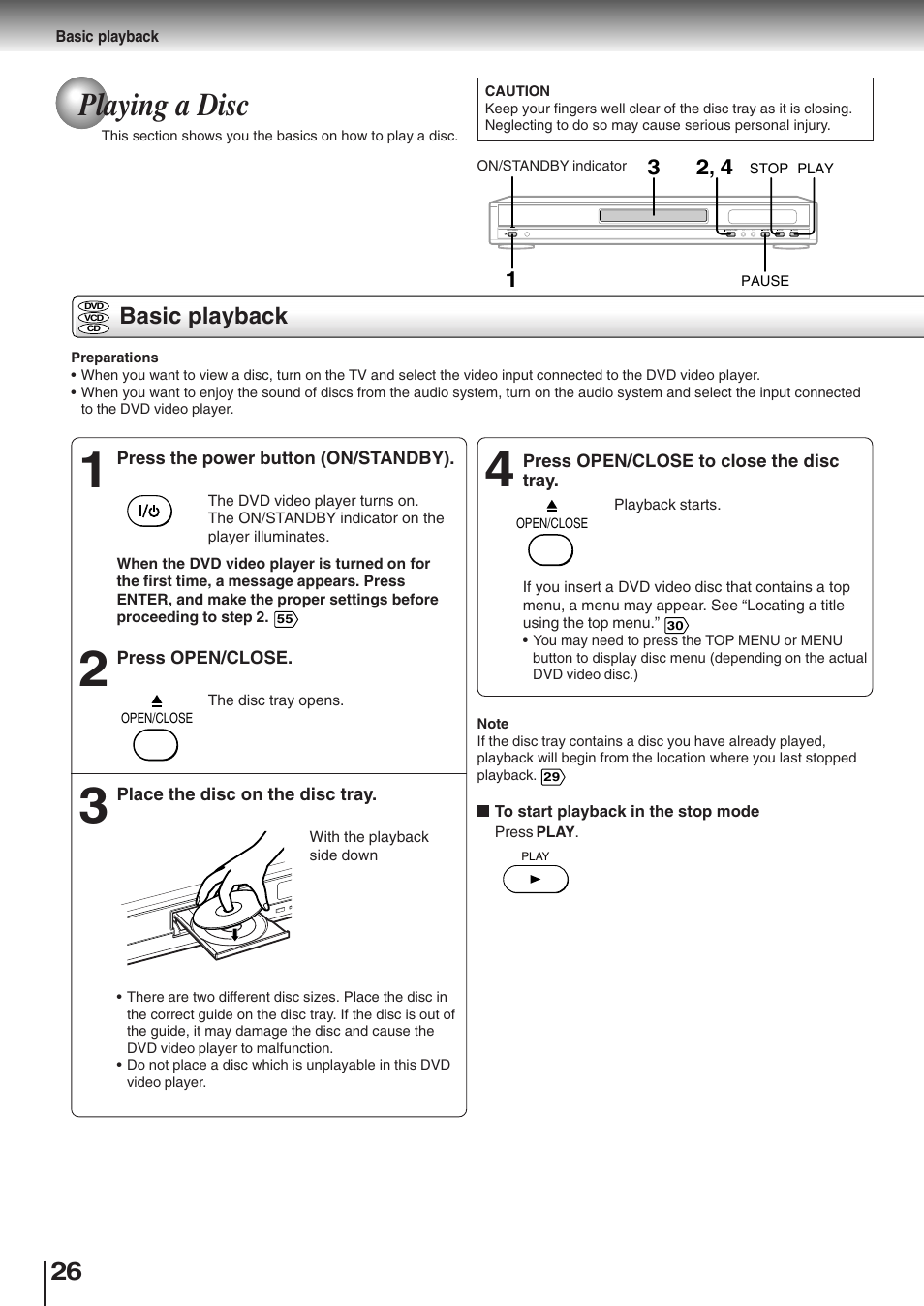 Playing a disc, Basic playback | Toshiba SD-K510 User Manual | Page 24 / 59