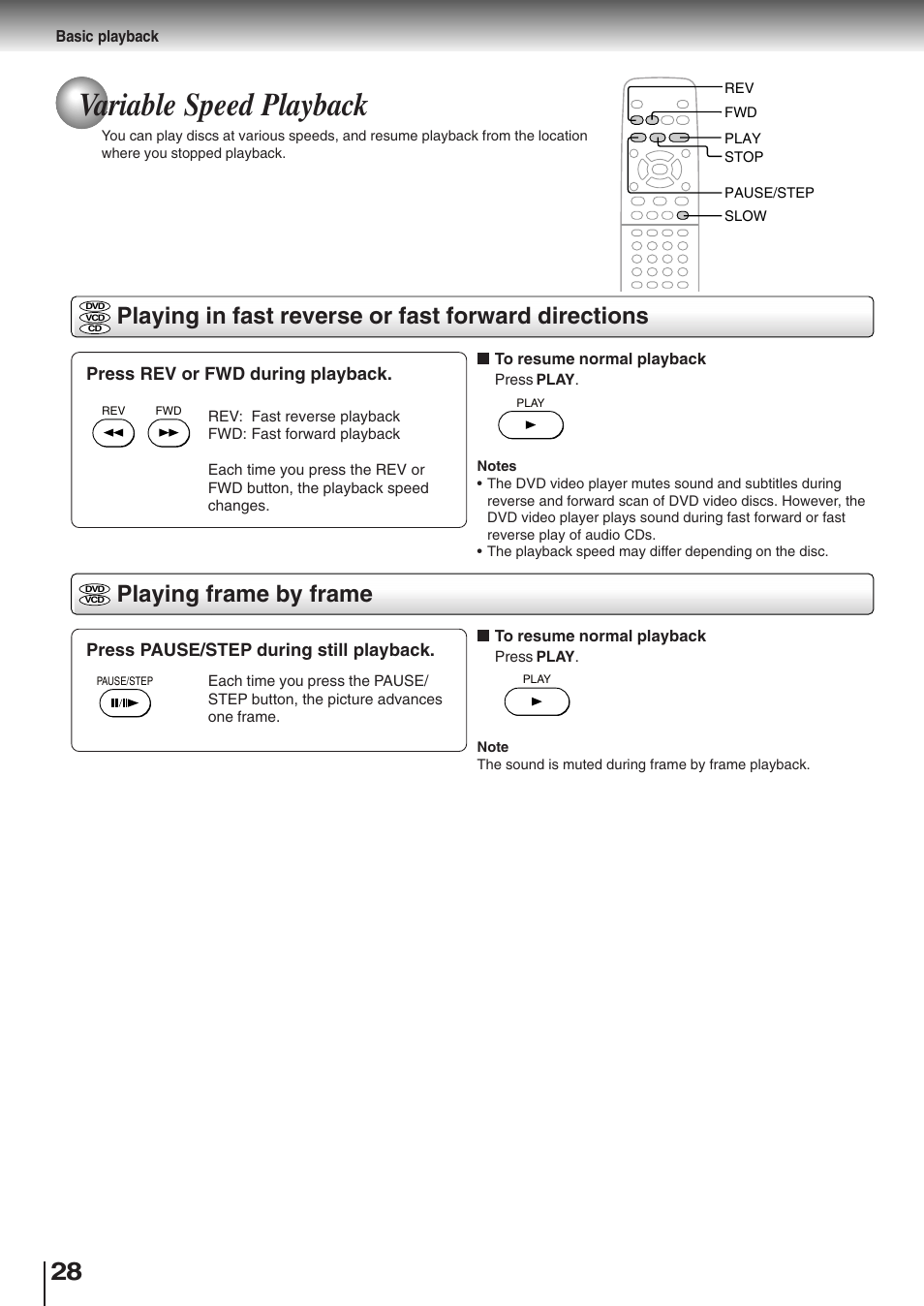 Variable speed playback, Playing in fast reverse or fast forward directions, Playing frame by frame | Toshiba SD-K510 User Manual | Page 26 / 59
