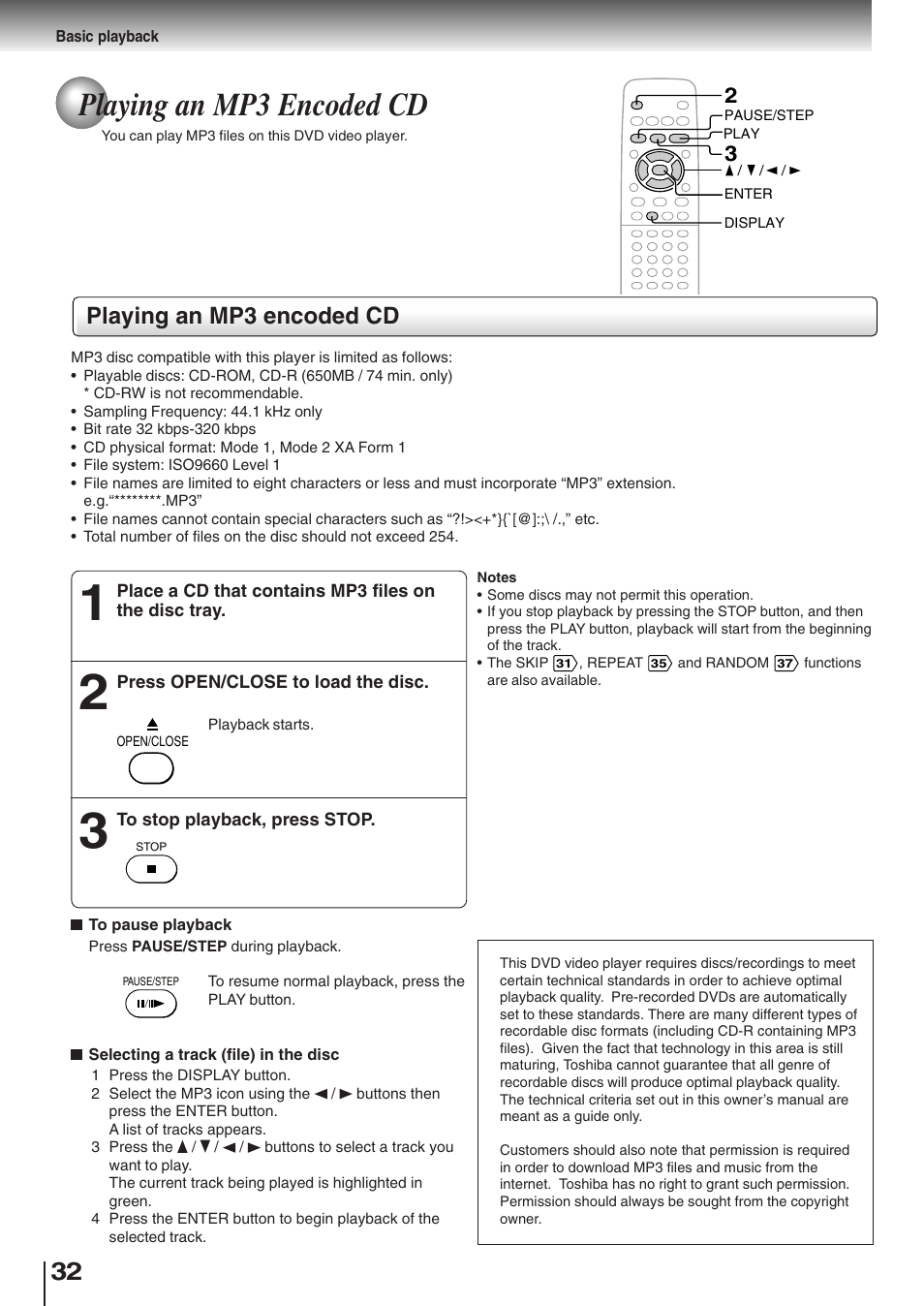 Playing an mp3 encoded cd | Toshiba SD-K510 User Manual | Page 30 / 59